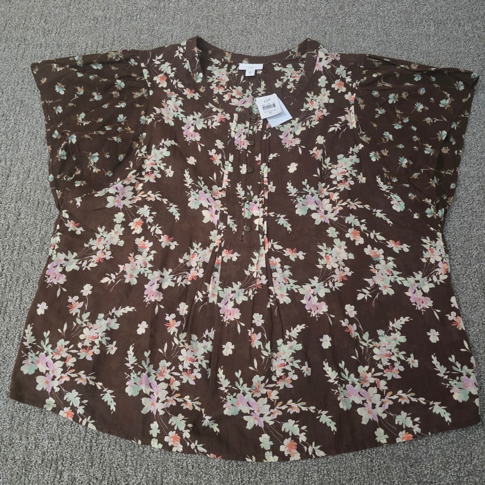 J Jill Womens XL Brown Floral Cotton Popover Blouse NWT Boho Cottagecore